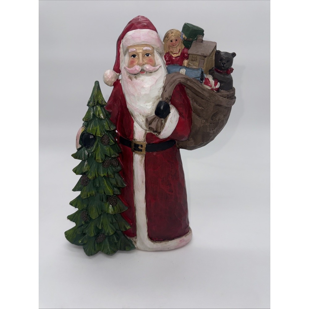 Resin Santa with Christmas Tree & Toys 12" Woodgrain Finish for‎ Narrow Shelf